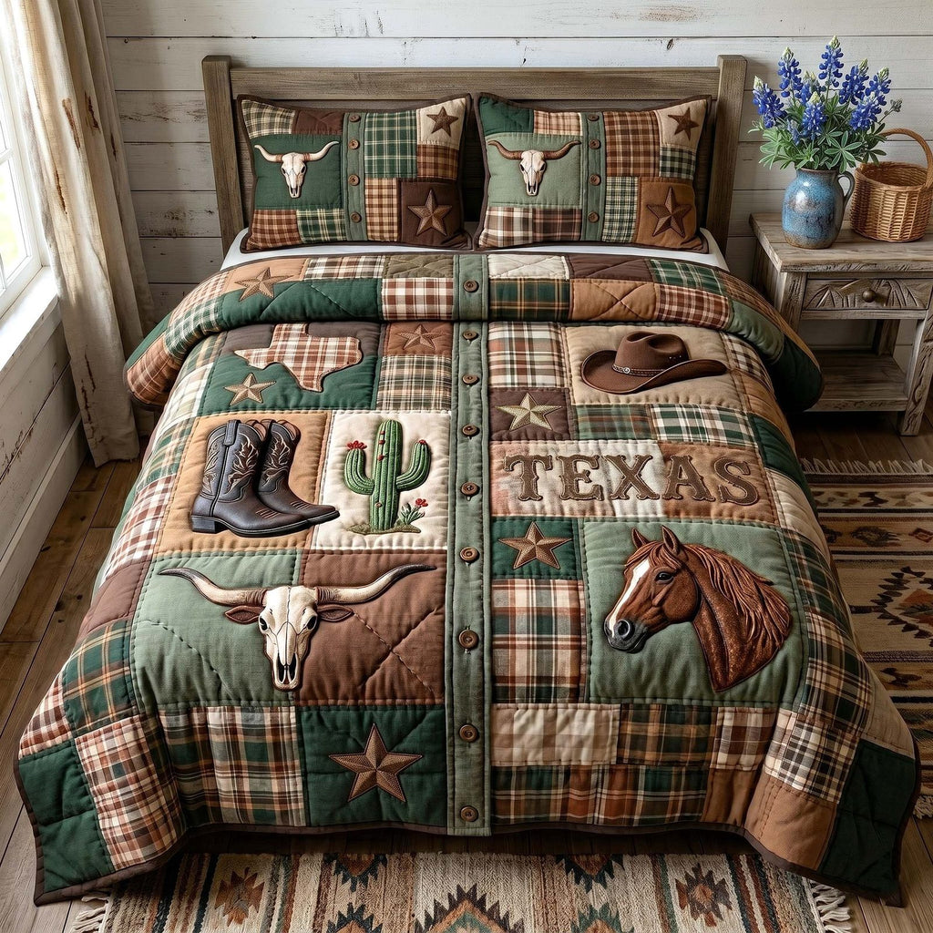 Texas Pride Horse quilted 3-piece bedding set on a made bed in a rustic timber bedroom