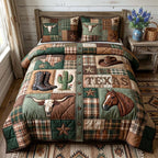 Texas Pride Horse quilted 3-piece bedding set on a made bed in a rustic timber bedroom