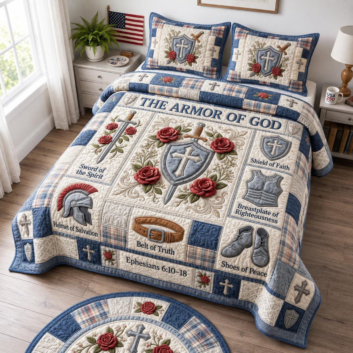 The Armor Of God Navy quilted 3-piece bedding set on a made bed in a warmly lit bedroom