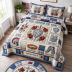 The Armor Of God Navy quilted 3-piece bedding set on a made bed in a warmly lit bedroom