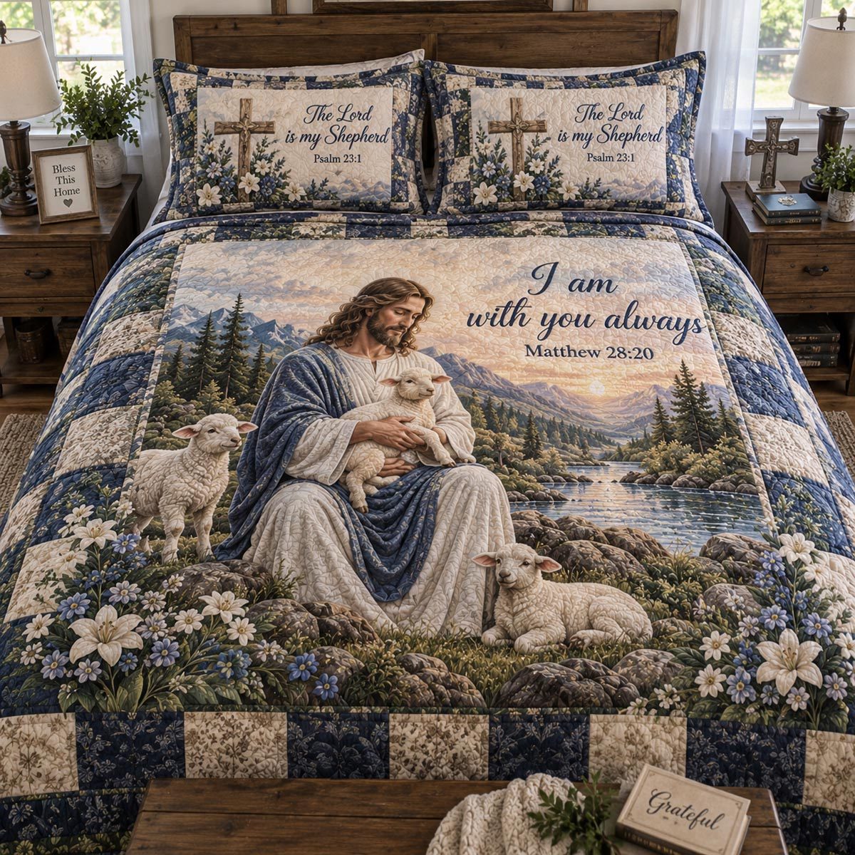 The Constant Companion quilted 3-piece bedding set on a made bed with two matching pillow shams