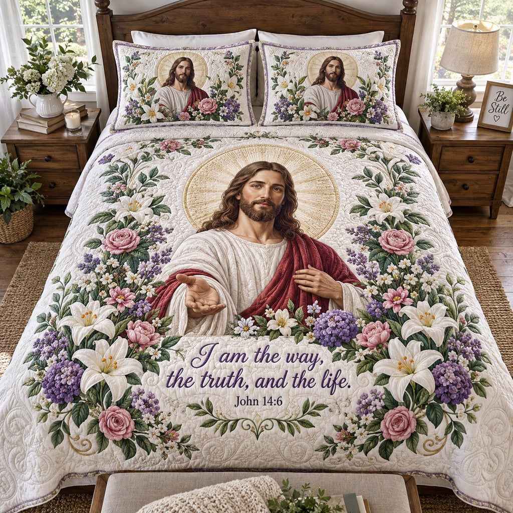 The Eternal Way quilted 3-piece bedding set on a made bed with two matching pillow shams