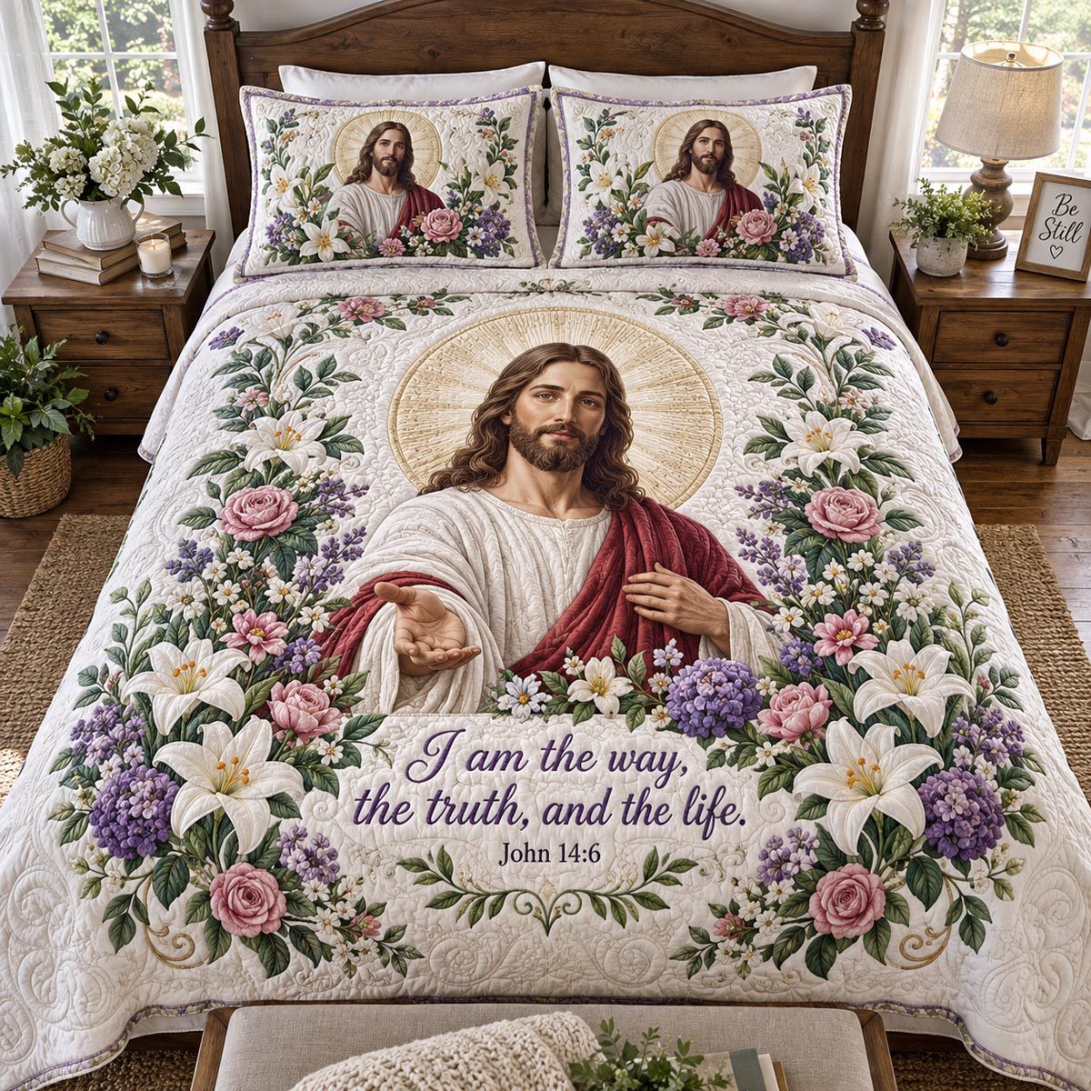 The Eternal Way quilted 3-piece bedding set on a made bed with two matching pillow shams