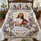 The Eternal Way quilted 3-piece bedding set on a made bed with two matching pillow shams