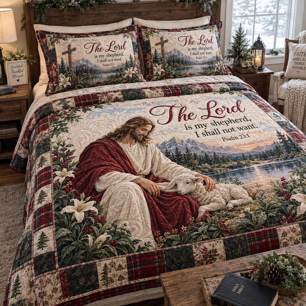 The Faithful Shepherd quilted 3-piece bedding set on a made bed in a softly lit bedroom