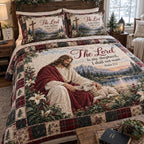 The Faithful Shepherd quilted 3-piece bedding set on a made bed in a softly lit bedroom