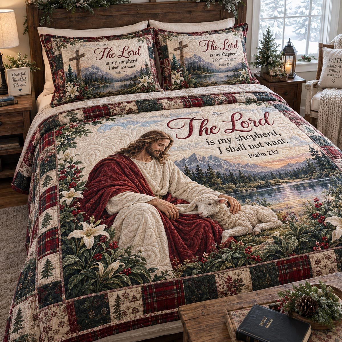 The Faithful Shepherd quilted 3-piece bedding set on a made bed in a softly lit bedroom