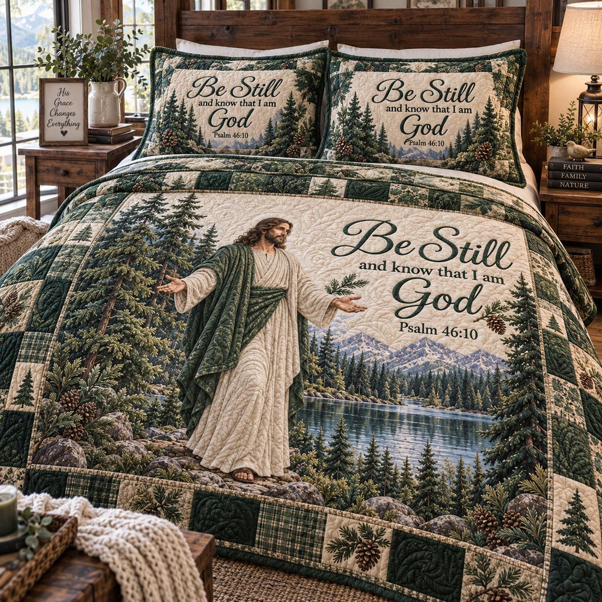 The Gentle Savior quilted 3-piece bedding set on a made bed with two matching pillow shams