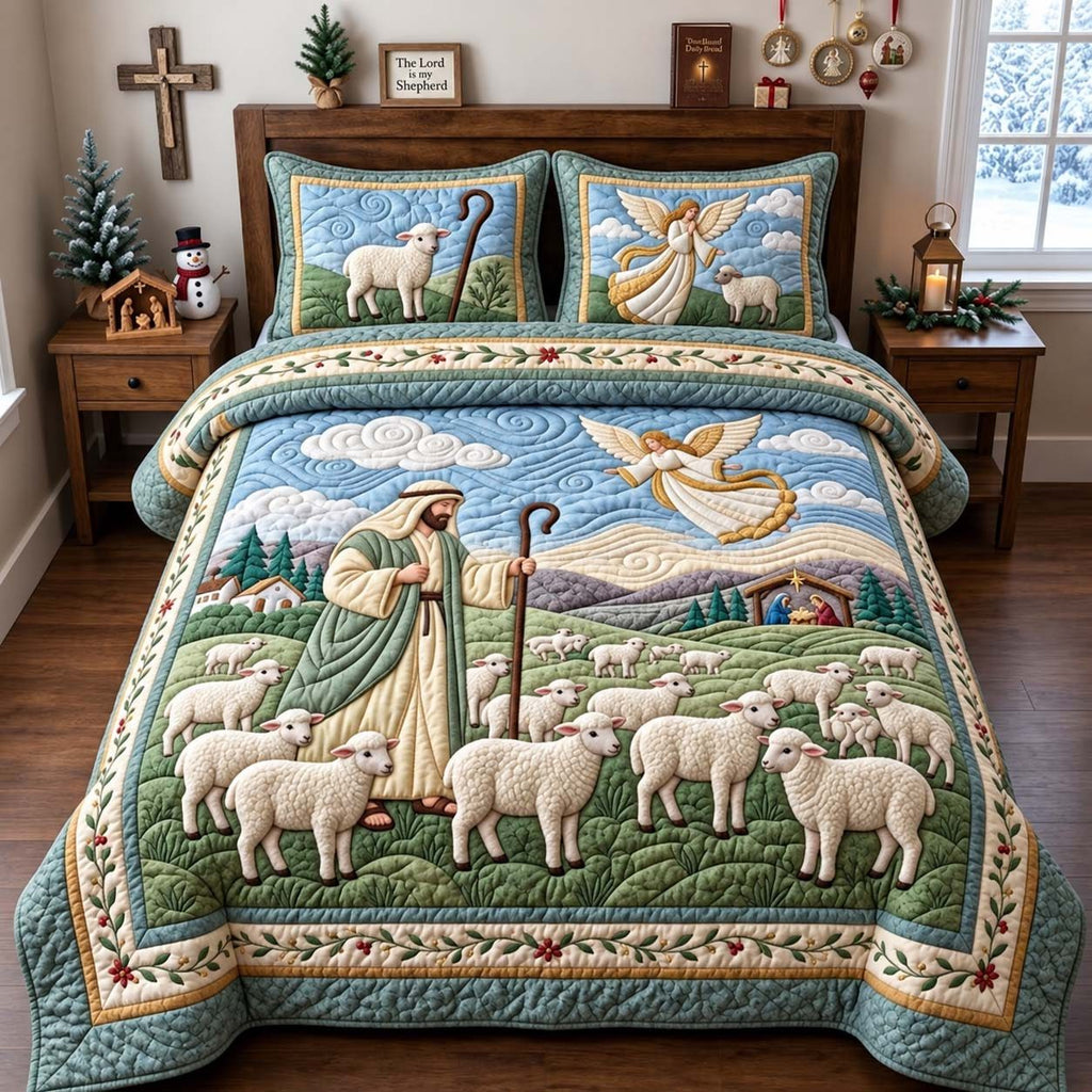 The Good Shepherd quilted 3-piece bedding set on a made bed with two matching pillow shams