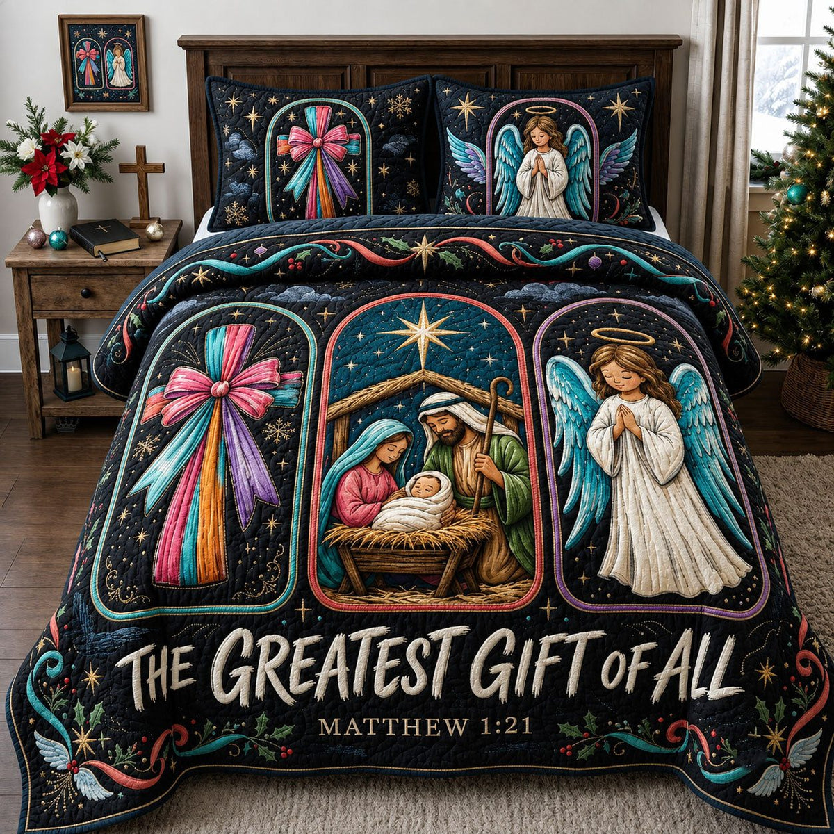 The Greatest Gift Of All Navy quilted 3-piece bedding set on a made bed in a warmly lit bedroom