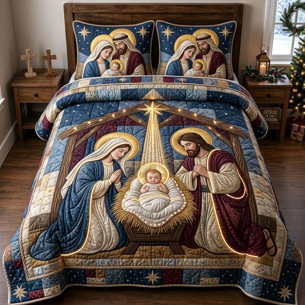 The Light Of Bethlehem Family quilted 3-piece bedding set on a made bed with two matching pillow shams