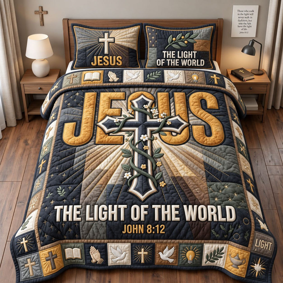 The Light Of The World quilted 3-piece bedding set on a made bed with two matching pillow shams