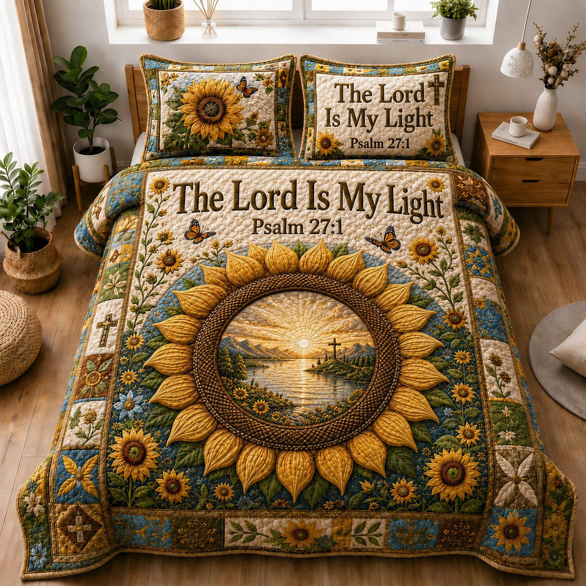 The Lord Is My Light Sunflower quilted 3-piece bedding set on a made bed in a softly lit bedroom