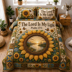 The Lord Is My Light Sunflower quilted 3-piece bedding set on a made bed in a softly lit bedroom