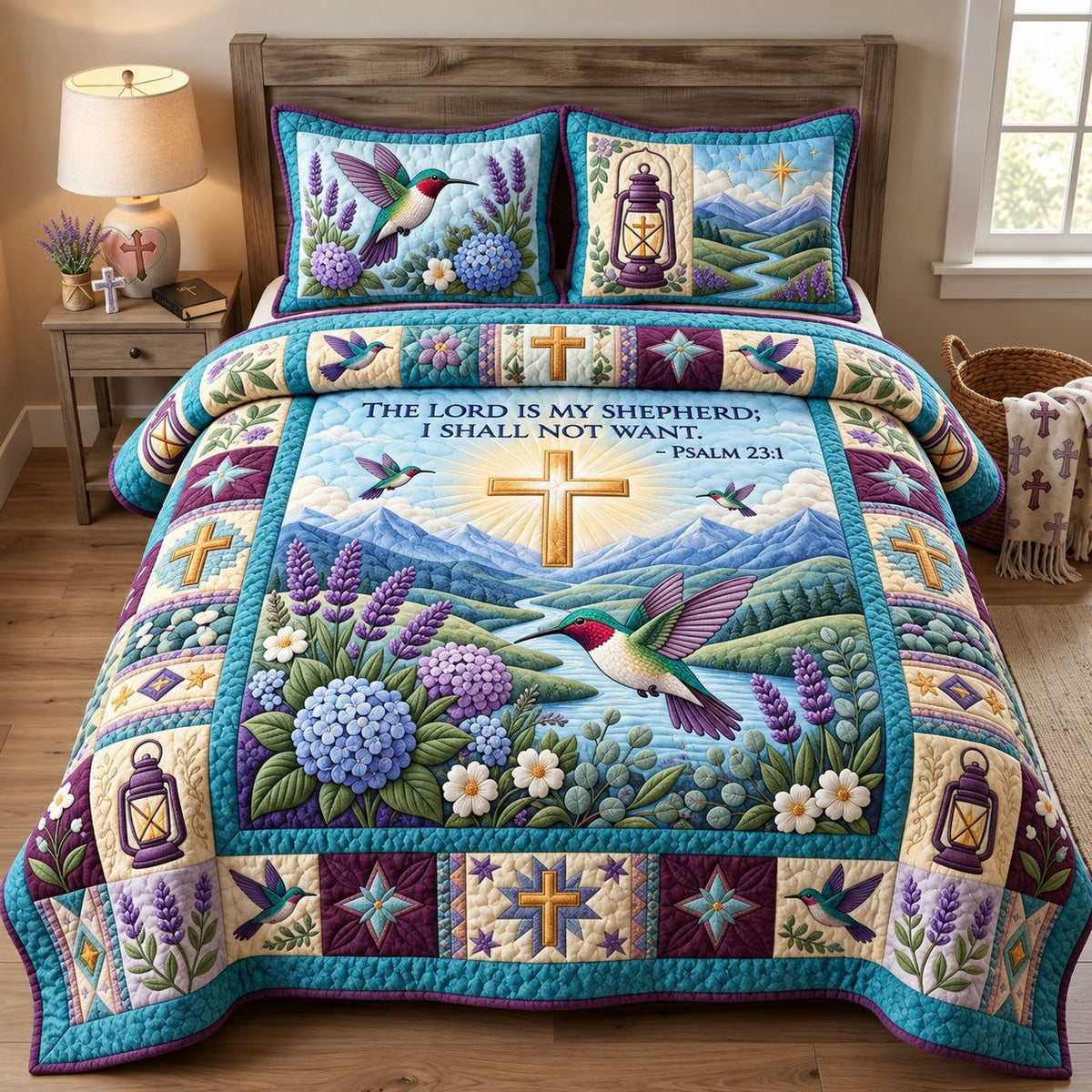The Lord Is My Shepherd quilted 3-piece bedding set on a made bed in a softly lit bedroom