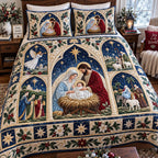 The Manger Blessing quilted 3-piece bedding set on a made bed with two matching pillow shams