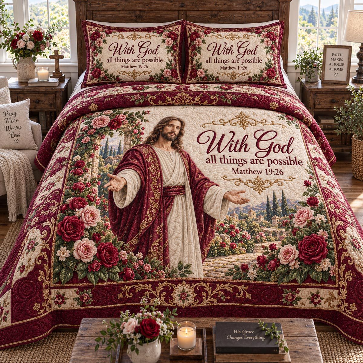 The Mighty Savior quilted 3-piece bedding set on a made bed with two matching pillow shams