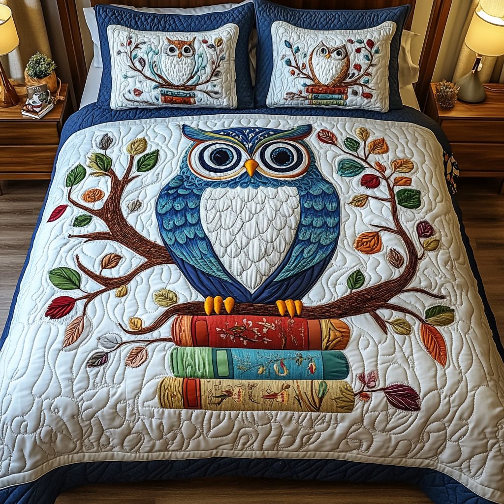 The Owlchemy Perch quilted 3-piece bedding set on a made bed with two matching pillow shams