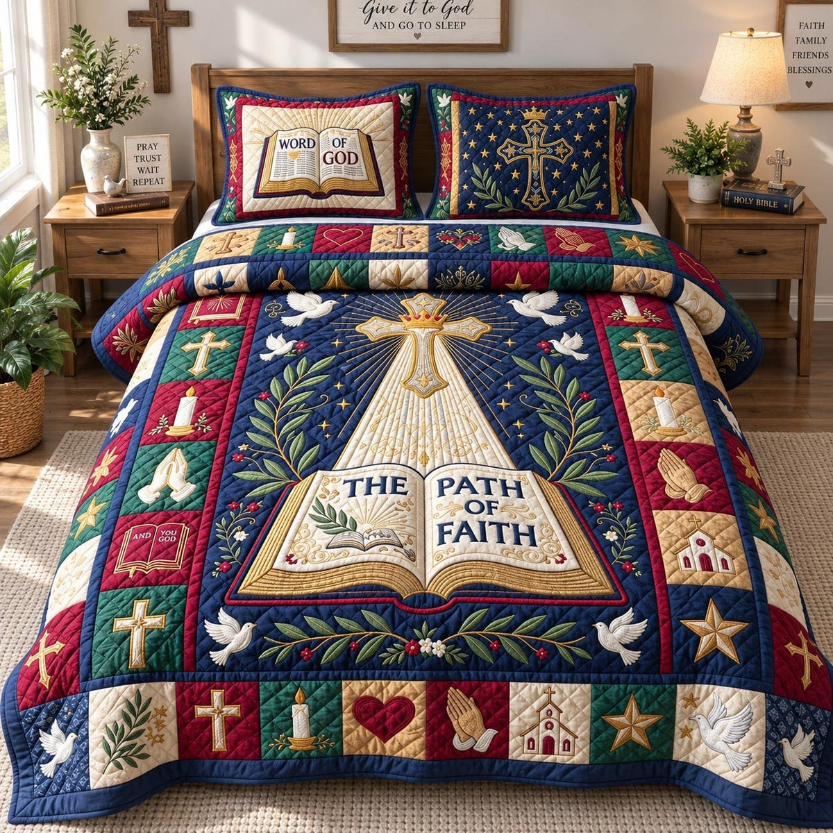 The Path Of Faith quilted 3-piece bedding set on a made bed in a softly lit bedroom