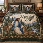 The Peaceful Shepherd quilted 3-piece bedding set on a made bed with two matching pillow shams