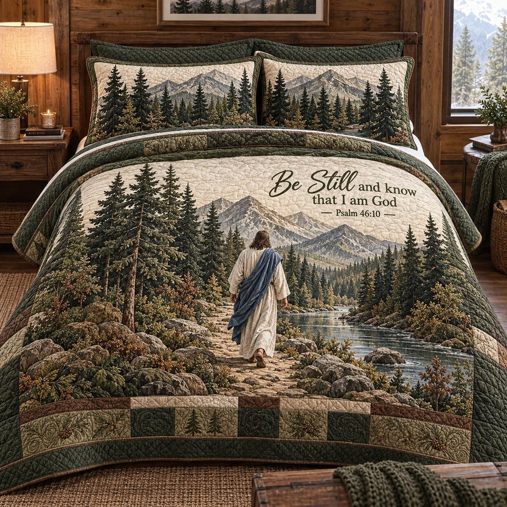 The Quiet Guide quilted 3-piece bedding set on a made bed with two matching pillow shams