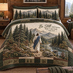 The Quiet Guide quilted 3-piece bedding set on a made bed with two matching pillow shams