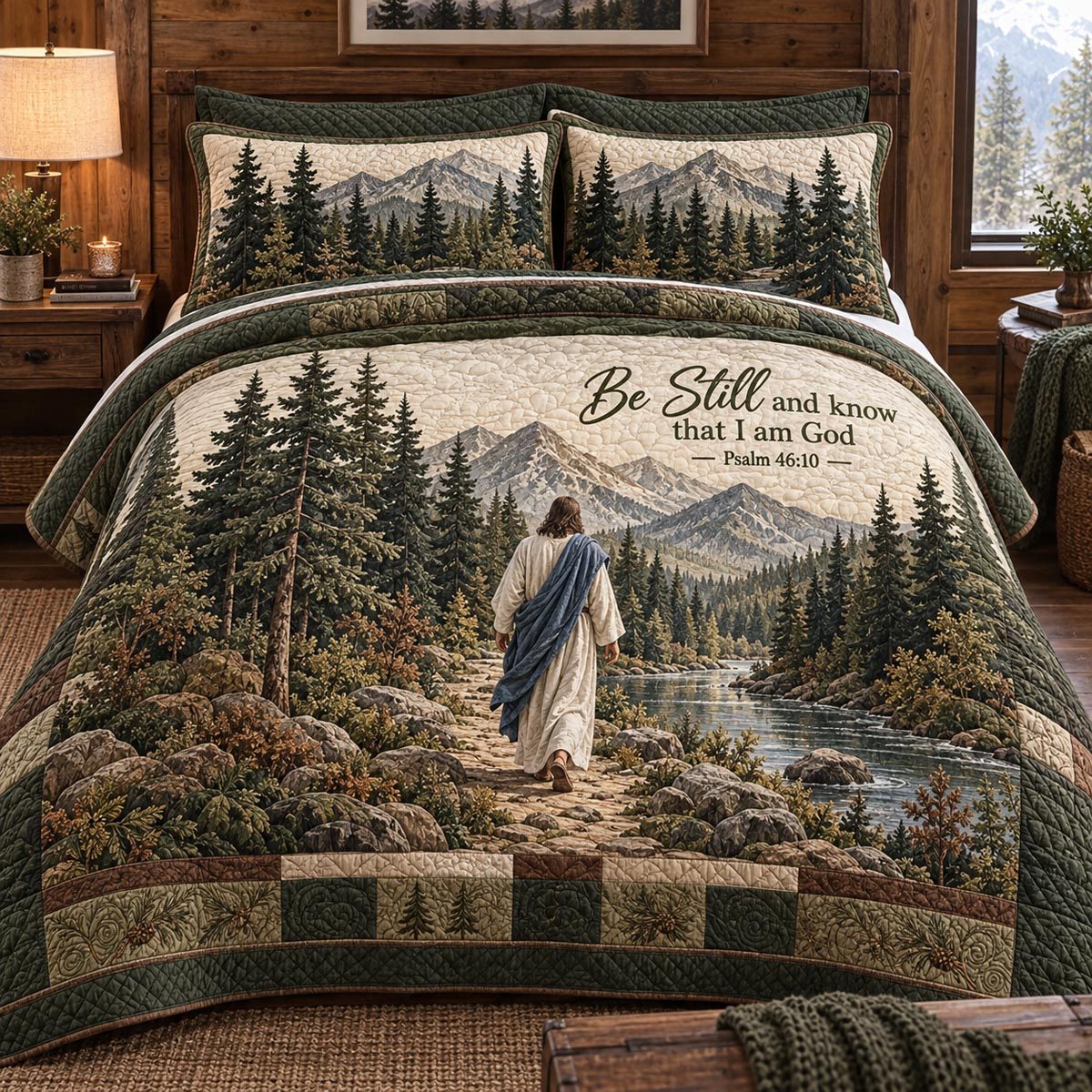 The Quiet Guide quilted 3-piece bedding set on a made bed with two matching pillow shams
