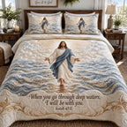 The Steadfast Savior quilted 3-piece bedding set on a made bed with two matching pillow shams