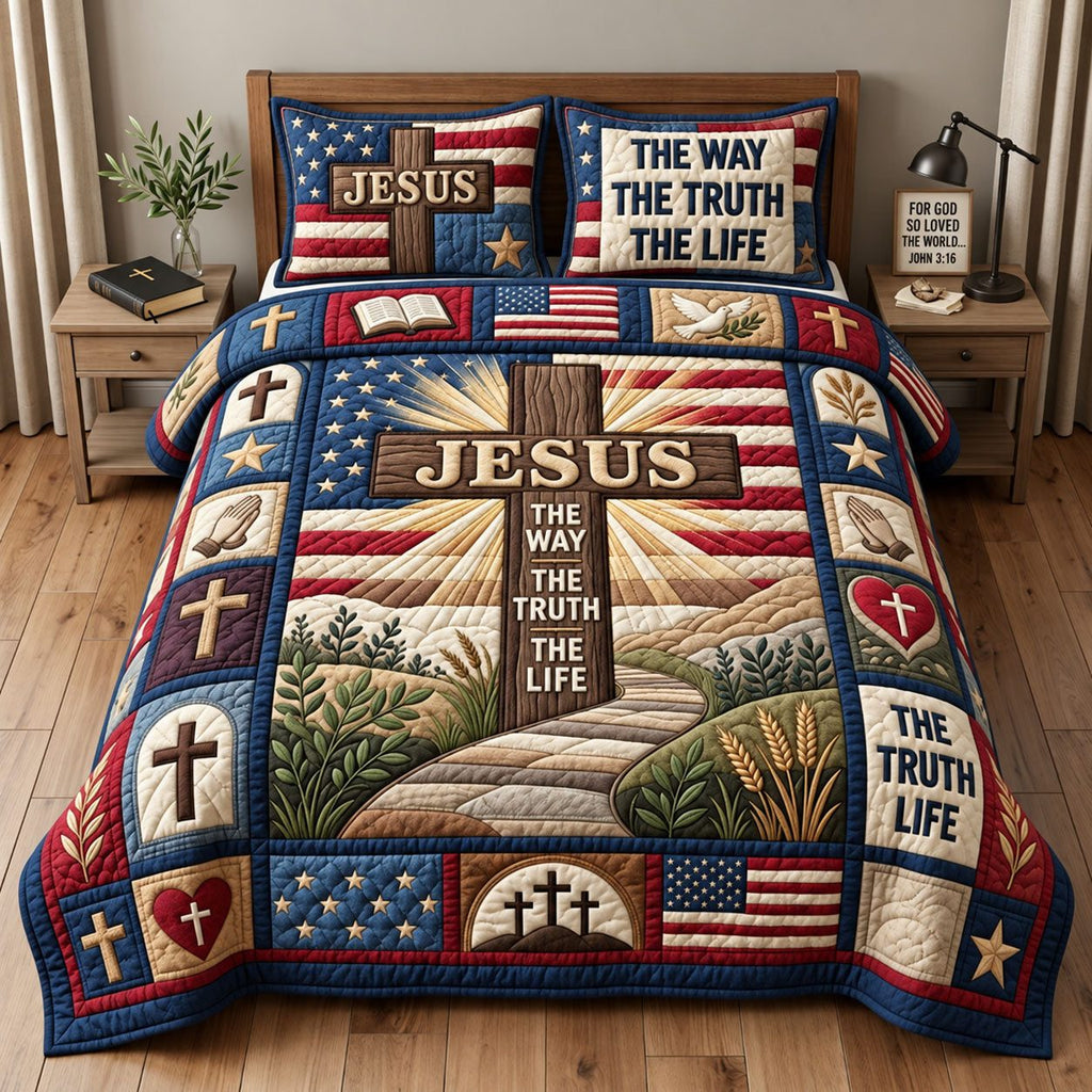 The Way The Truth The Life quilted 3-piece bedding set on a made bed with two matching pillow shams