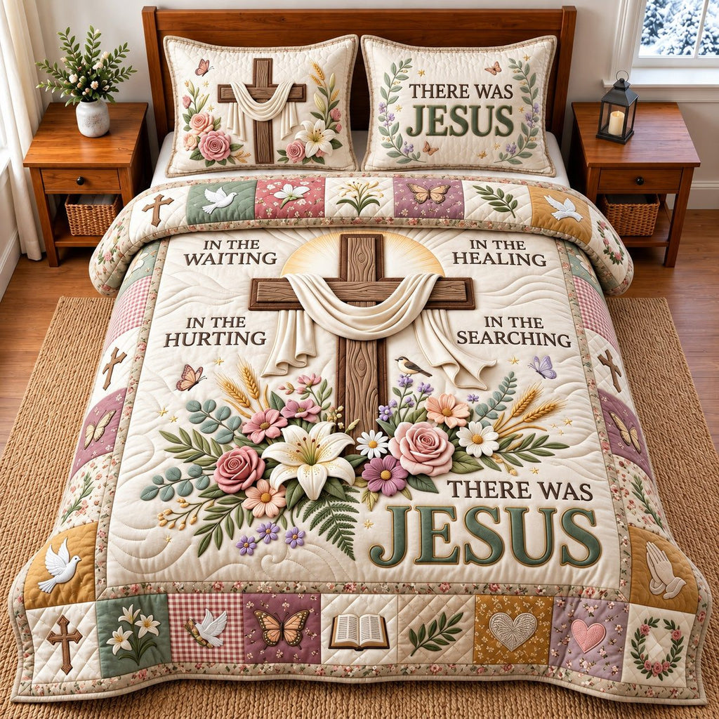 There Was Jesus quilted 3-piece bedding set on a made bed in a softly lit bedroom