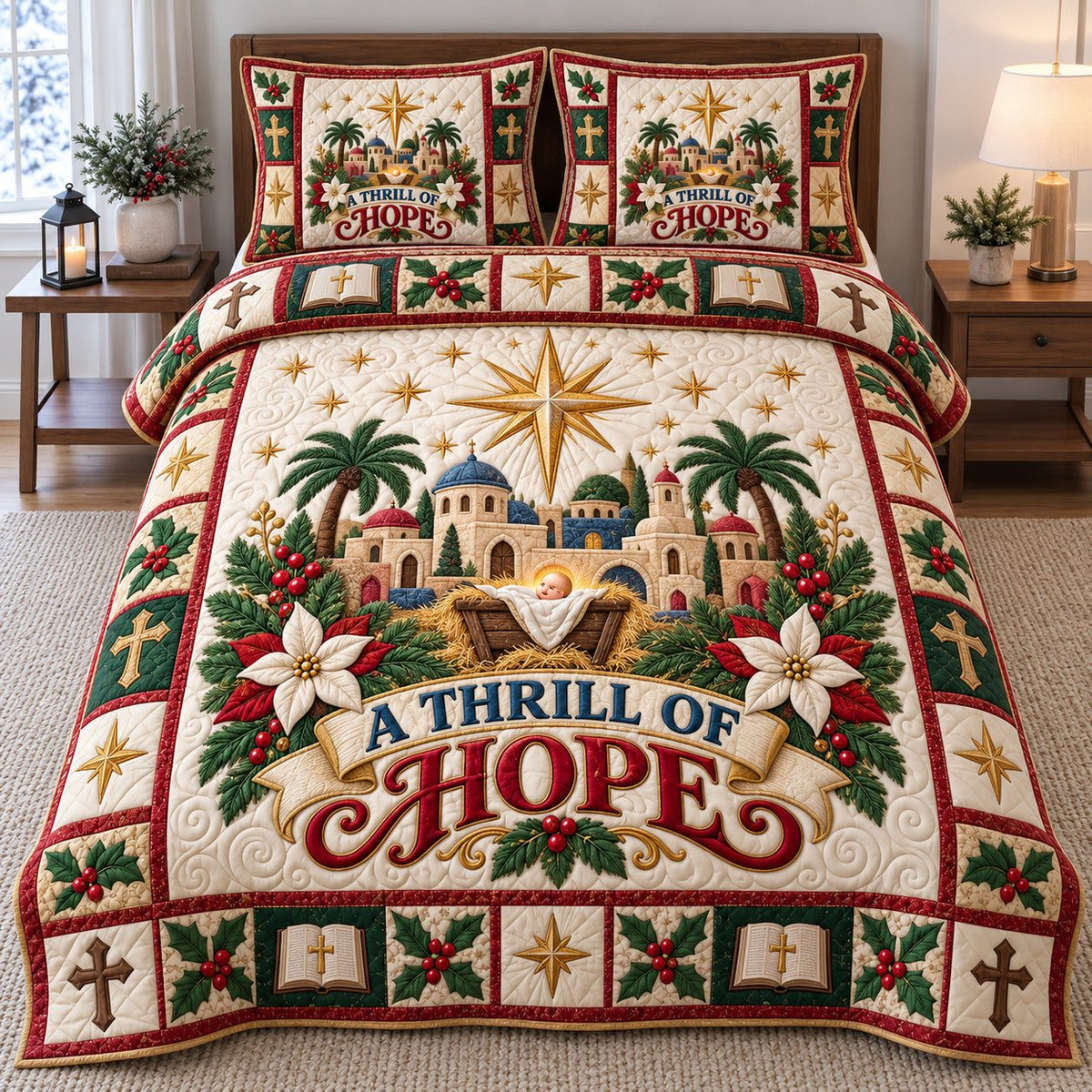 Thrill of Hope quilted 3-piece bedding set on a made bed with two matching pillow shams