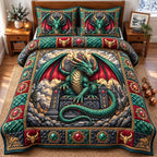 Throne Emerald Dragon quilted 3-piece bedding set on a made bed with two matching pillow shams