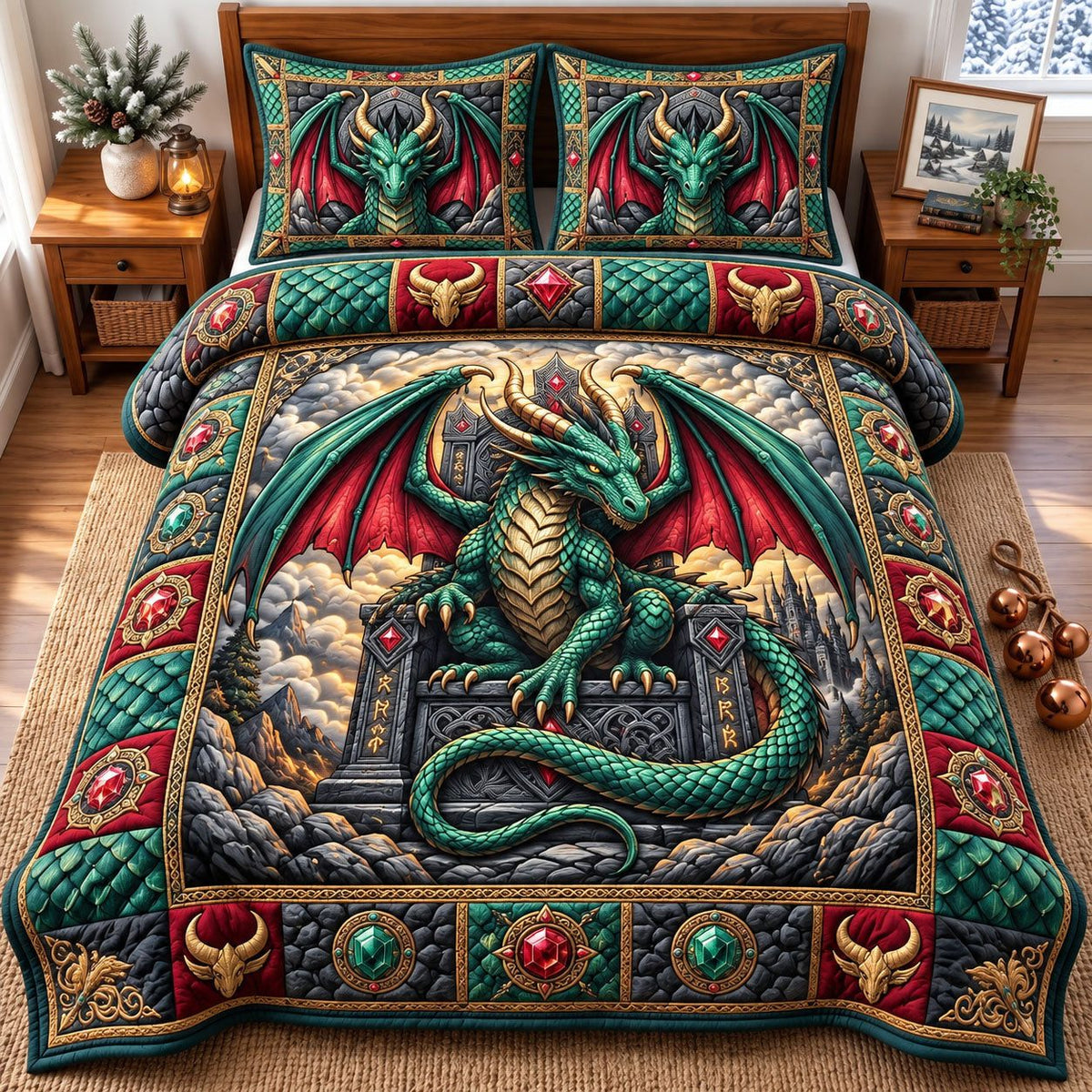 Throne Emerald Dragon quilted 3-piece bedding set on a made bed with two matching pillow shams