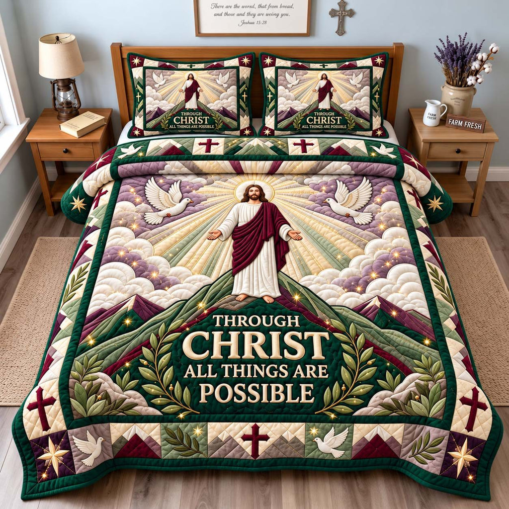 Through Christ quilted 3-piece bedding set on a made bed in a softly lit bedroom
