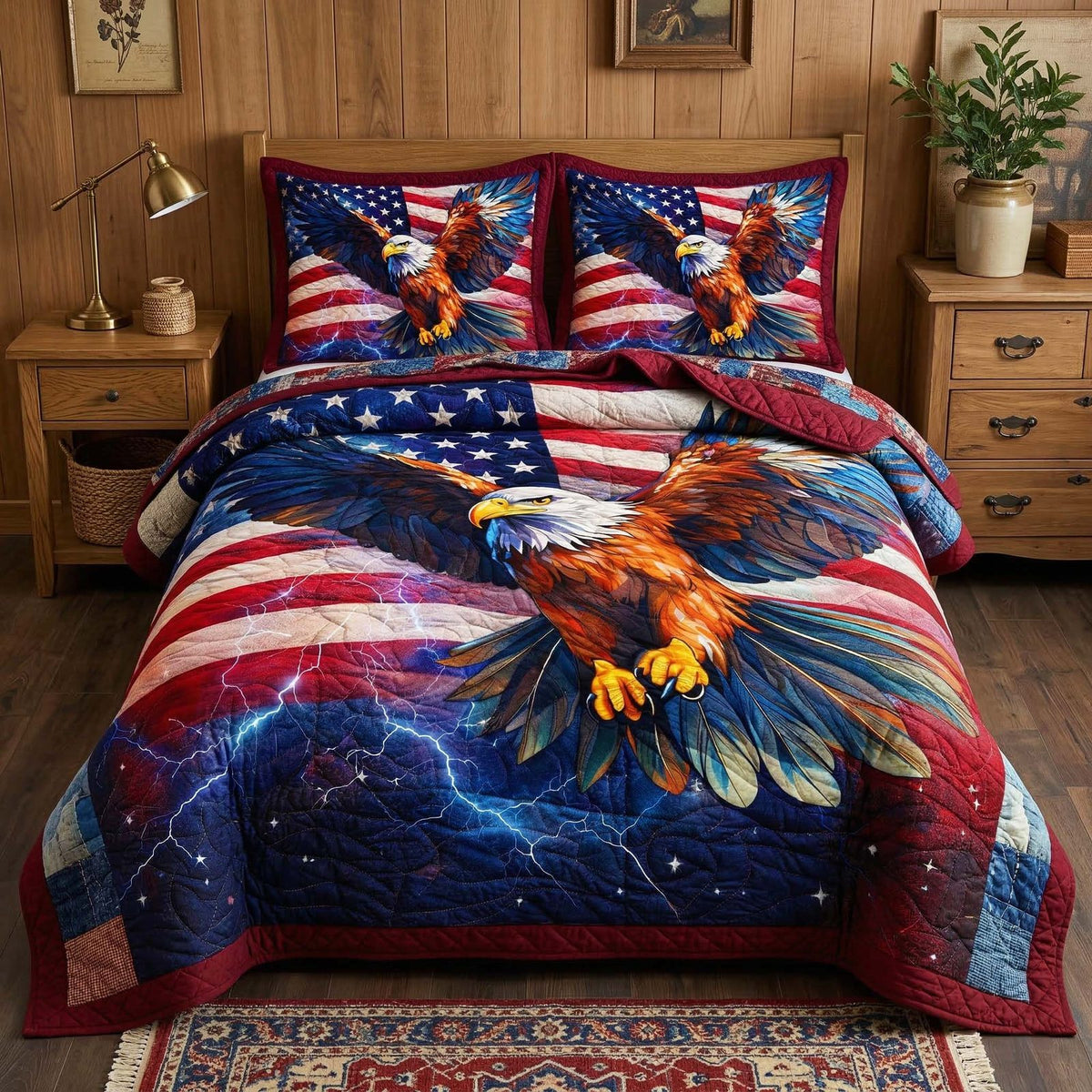 Thunder Eagle quilted 3-piece bedding set on a made bed in a warmly lit bedroom
