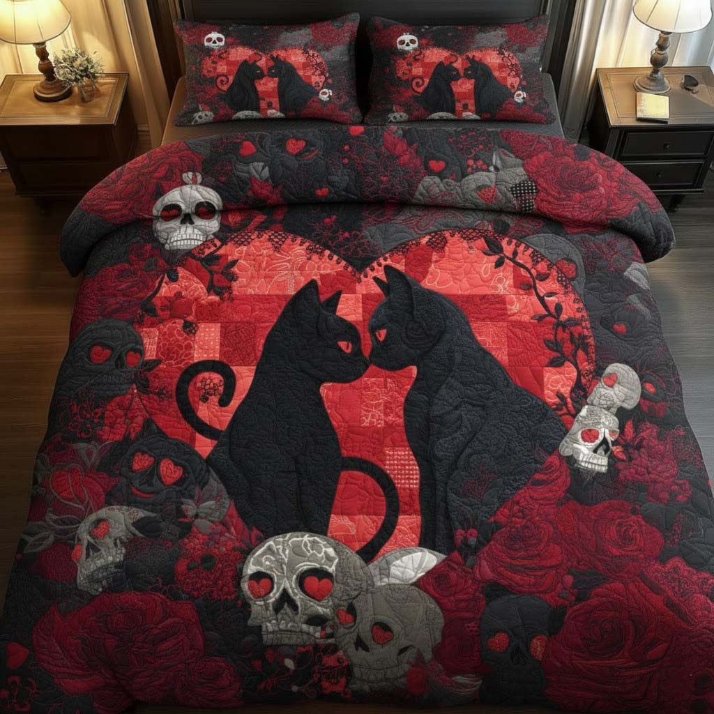 Til Death Do Us Part Cats quilted 3-piece bedding set on a made bed with two matching pillow shams
