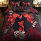 Til Death Do Us Part Cats quilted 3-piece bedding set on a made bed with two matching pillow shams