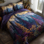 Timber Whisper Purple quilted 3-piece bedding set on a made bed with two matching pillow shams