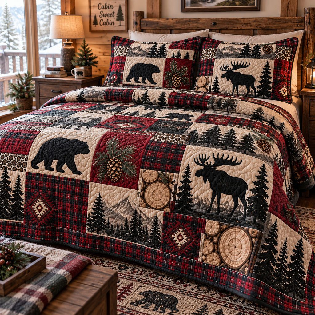 Timberland Wildlife Escape quilted 3-piece bedding set on a made bed with two matching pillow shams
