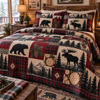 Timberland Wildlife Escape quilted 3-piece bedding set on a made bed with two matching pillow shams