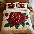 Timeless Scarlet Bloom Rose quilted 3-piece bedding set on a made bed in a farmhouse bedroom
