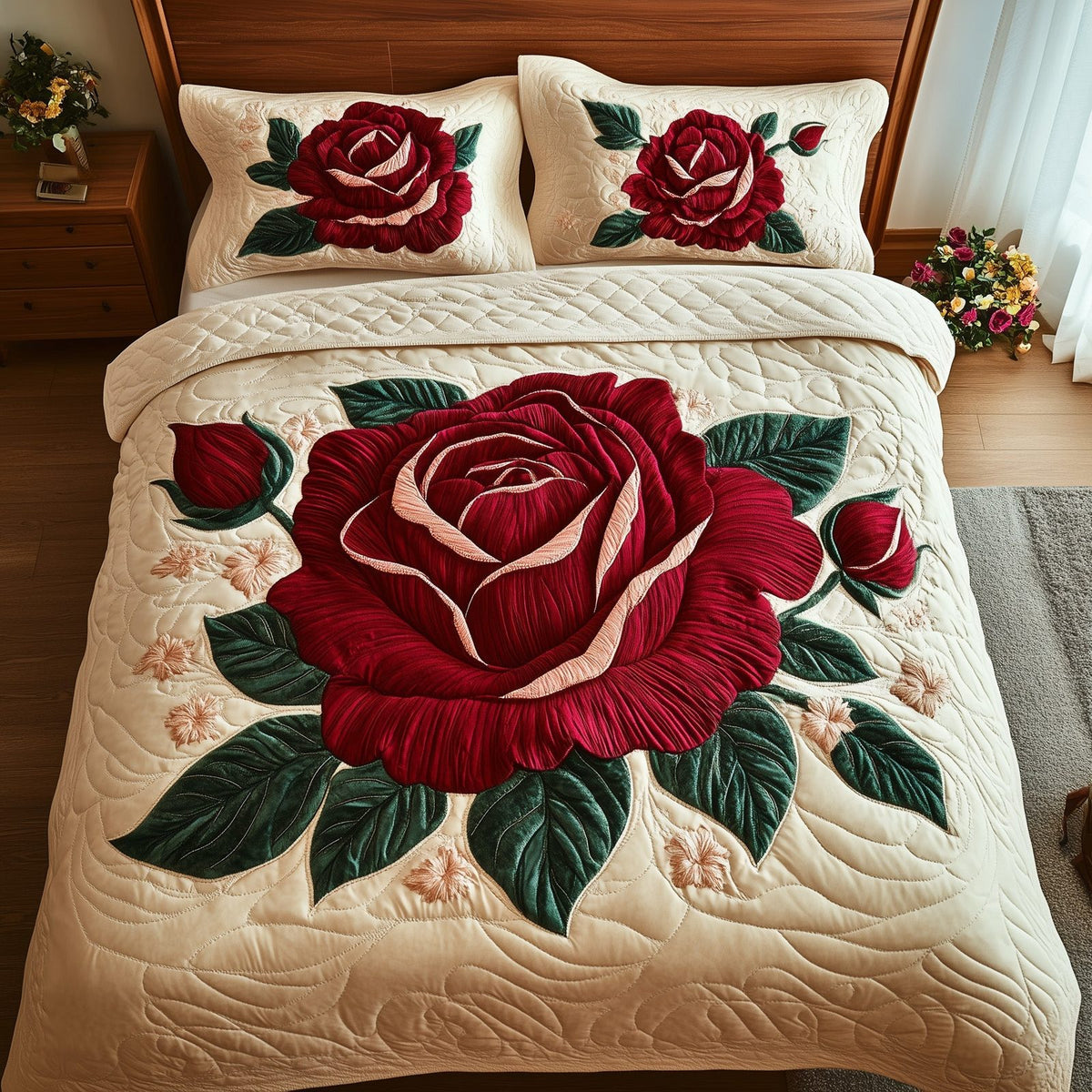 Timeless Scarlet Bloom Rose quilted 3-piece bedding set on a made bed in a farmhouse bedroom