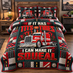 Tits Or Tires quilted 3-piece bedding set on a made bed with two matching pillow shams