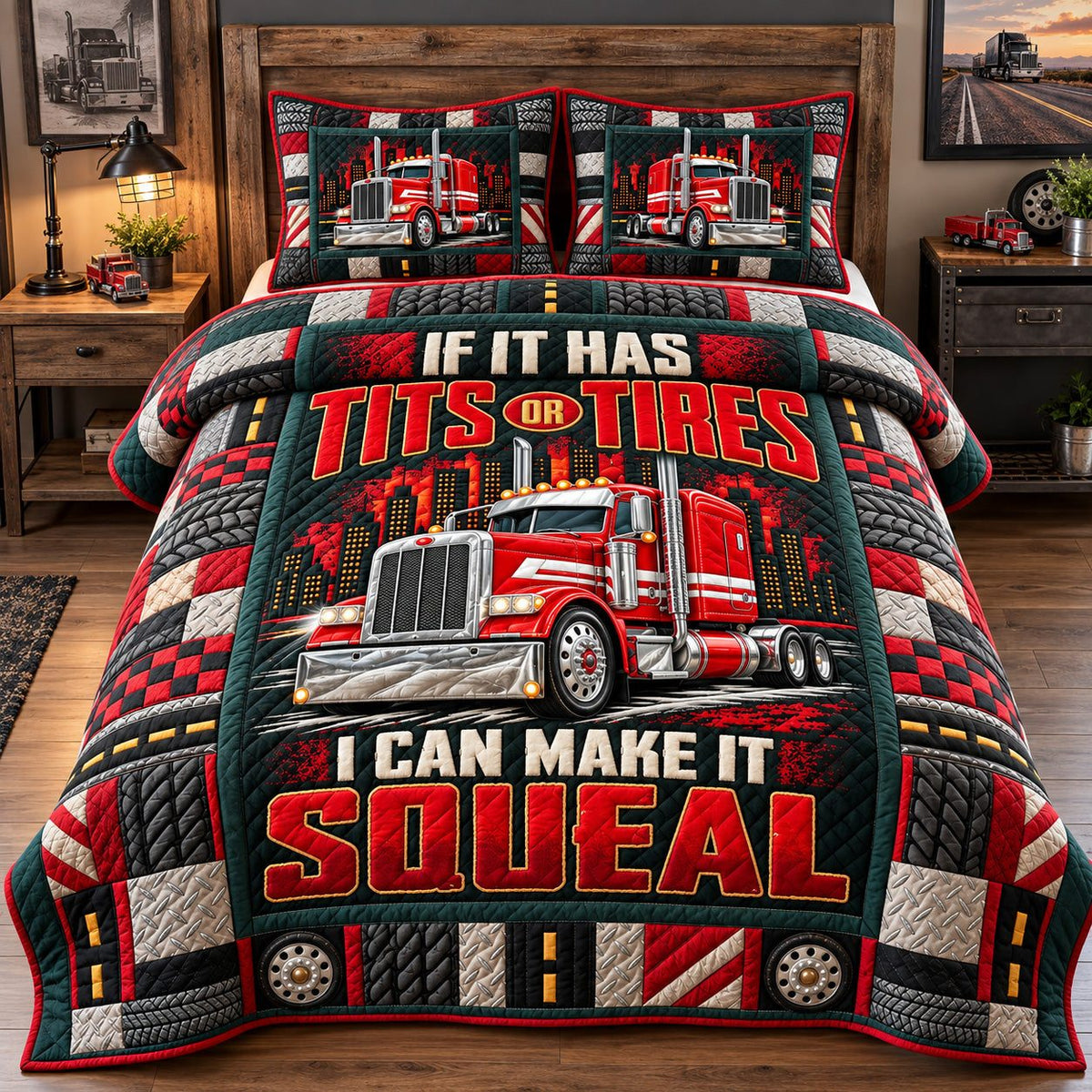 Tits Or Tires quilted 3-piece bedding set on a made bed with two matching pillow shams