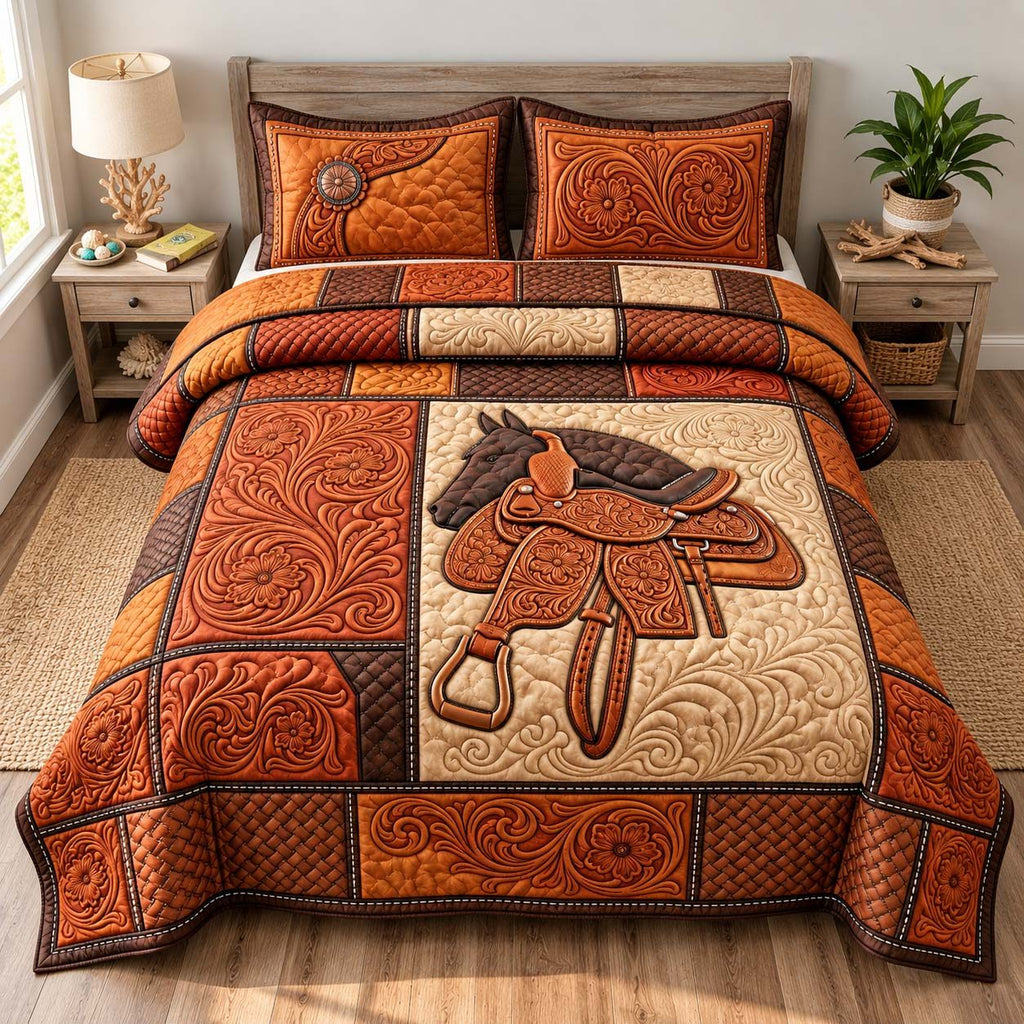 Tooled Leather Saddle quilted 3-piece bedding set on a made bed in a rustic timber bedroom