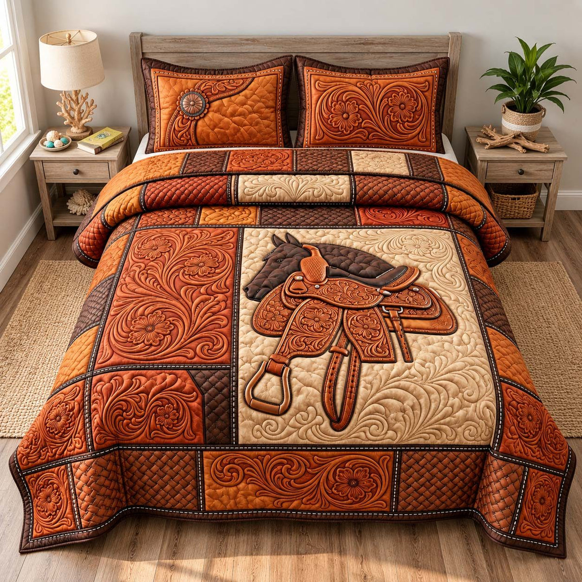 Tooled Leather Saddle quilted 3-piece bedding set on a made bed in a rustic timber bedroom