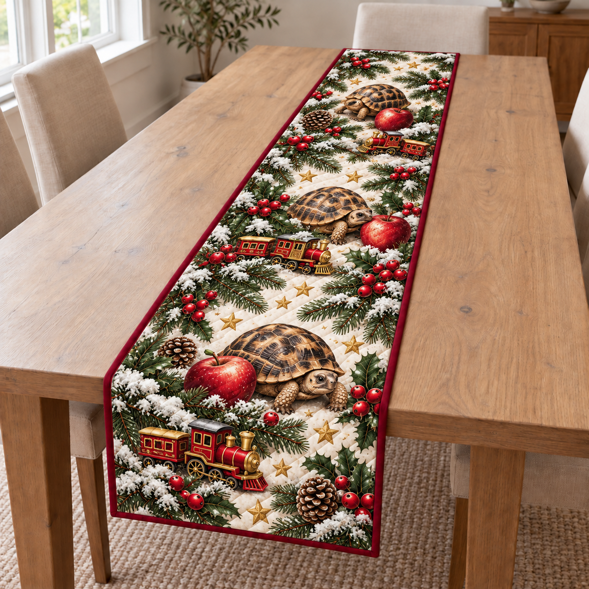 Tortoise Apple Toy Train printed Christmas quilted table runner; design mockup showing a flat printed depth effect.