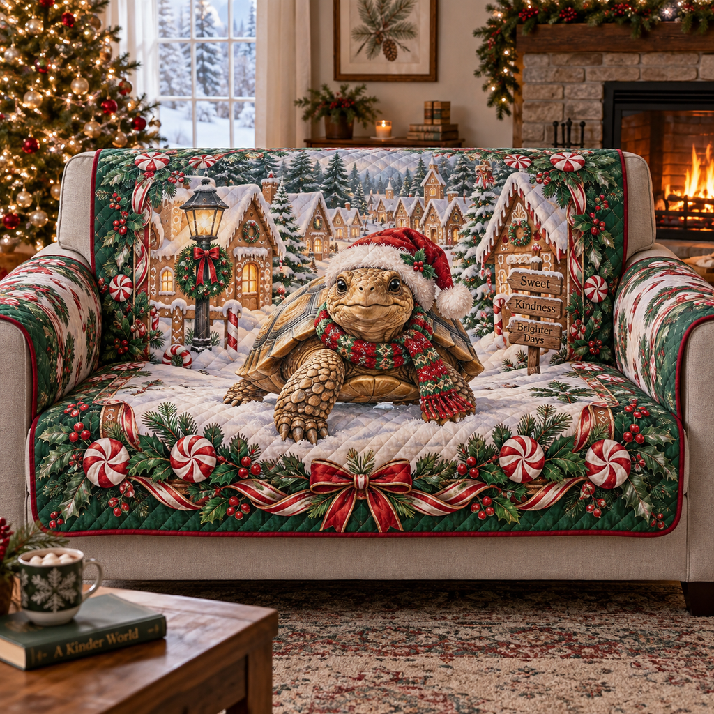 Tortoise Christmas Quilted Sofa Cover — digital product visualization