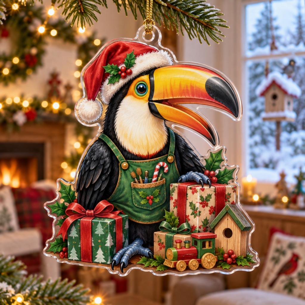 Toucan Acrylic Christmas Ornament — digital product visualization