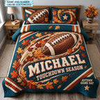 Touchdown Season 3-Piece Quilted Bedding Set QTCUZ quilted 3-piece bedding set on a made bed with two matching pillow shams